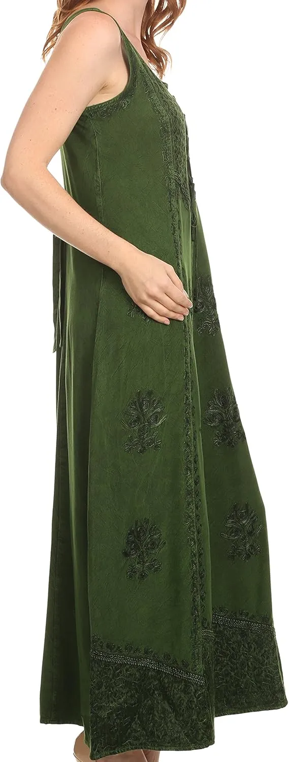 Sakkas Stella Long Tank Top Adjustable Caftan Corset Dress with Embroidery