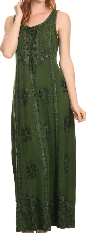 Sakkas Stella Long Tank Top Adjustable Caftan Corset Dress with Embroidery