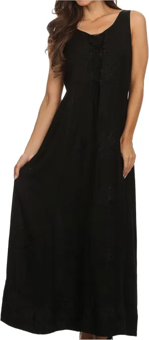 Sakkas Stella Long Tank Top Adjustable Caftan Corset Dress with Embroidery