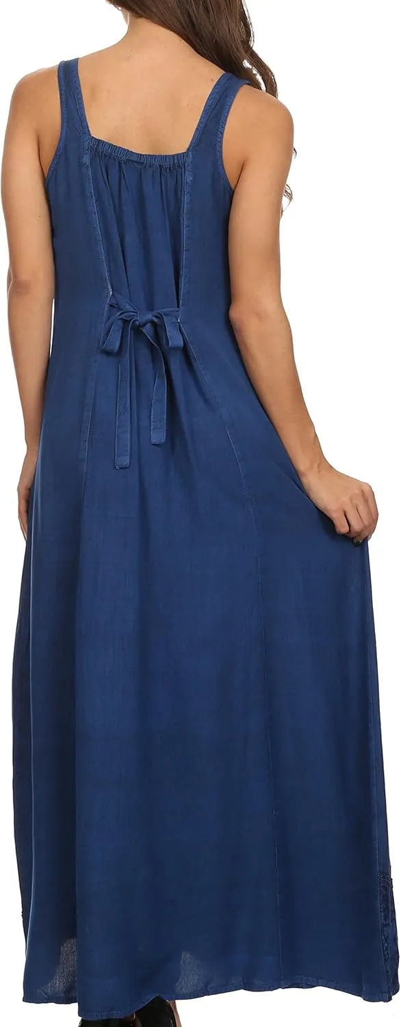 Sakkas Stella Long Tank Top Adjustable Caftan Corset Dress with Embroidery