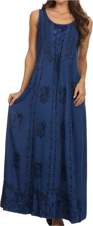 Sakkas Stella Long Tank Top Adjustable Caftan Corset Dress with Embroidery