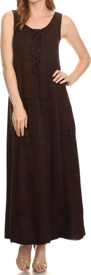 Sakkas Stella Long Tank Top Adjustable Caftan Corset Dress with Embroidery