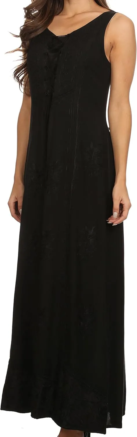 Sakkas Stella Long Tank Top Adjustable Caftan Corset Dress with Embroidery