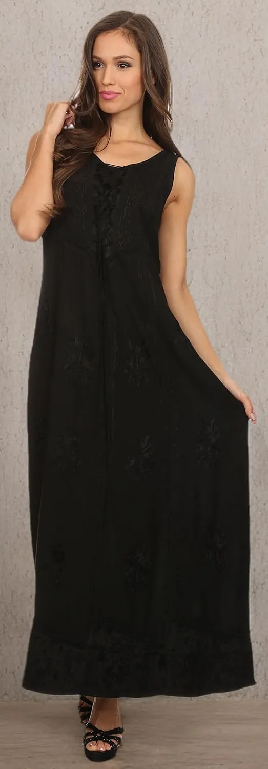 Sakkas Stella Long Tank Top Adjustable Caftan Corset Dress with Embroidery