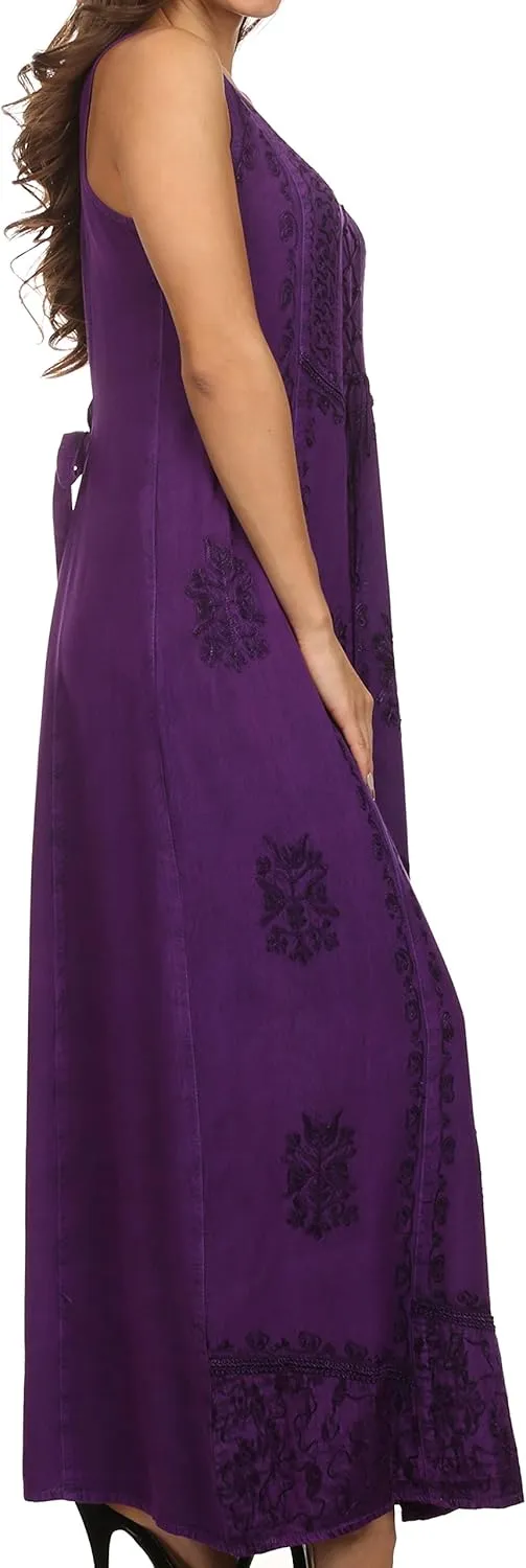 Sakkas Stella Long Tank Top Adjustable Caftan Corset Dress with Embroidery