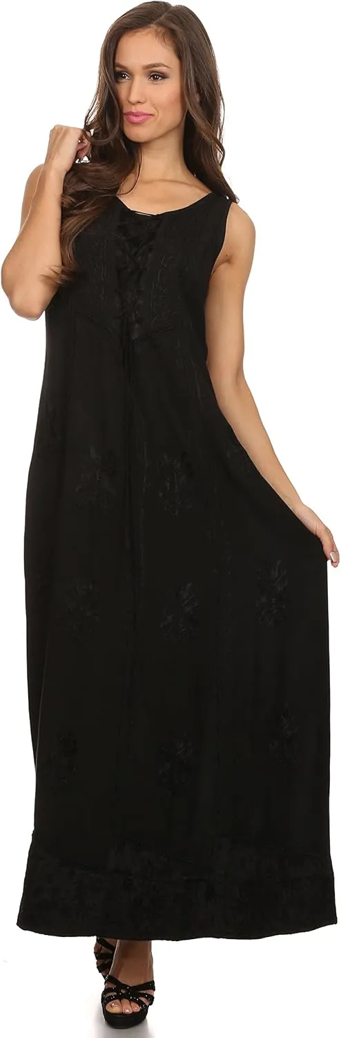 Sakkas Stella Long Tank Top Adjustable Caftan Corset Dress with Embroidery