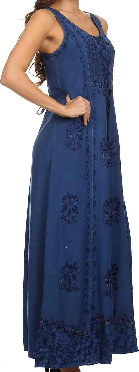 Sakkas Stella Long Tank Top Adjustable Caftan Corset Dress with Embroidery