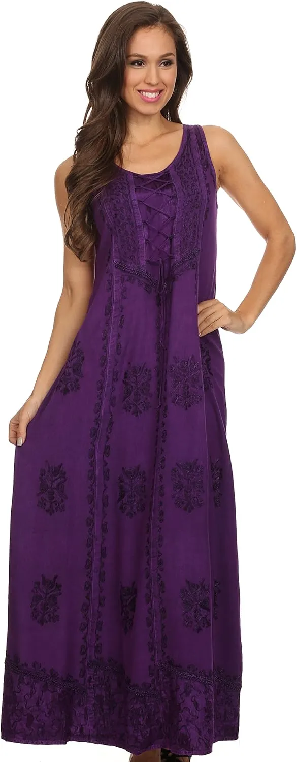 Sakkas Stella Long Tank Top Adjustable Caftan Corset Dress with Embroidery