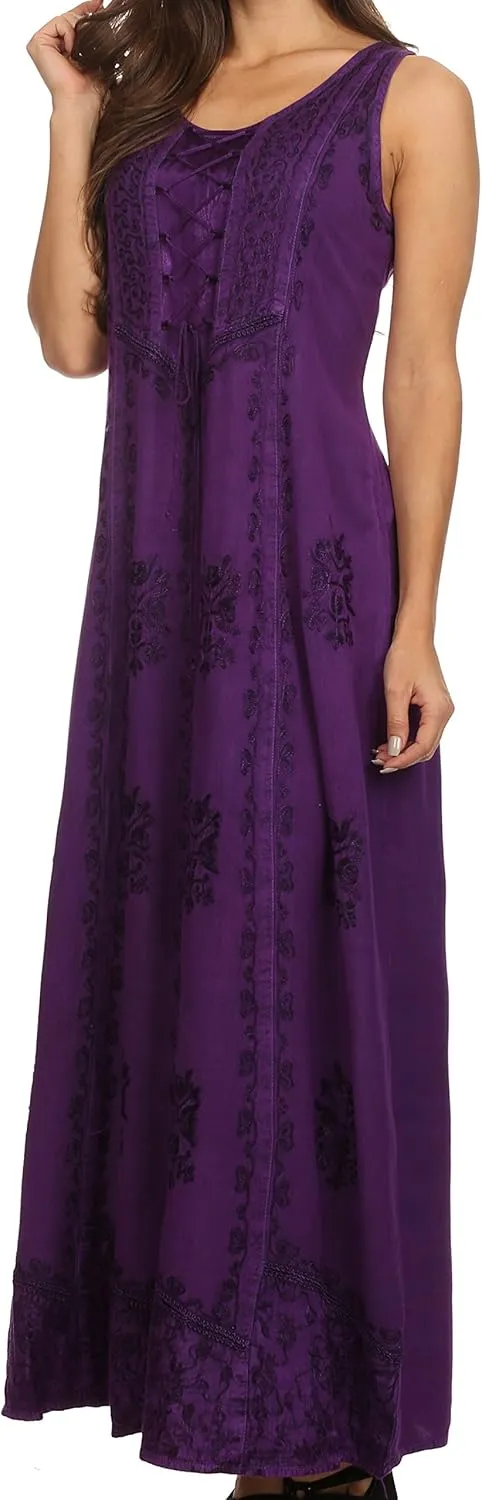 Sakkas Stella Long Tank Top Adjustable Caftan Corset Dress with Embroidery