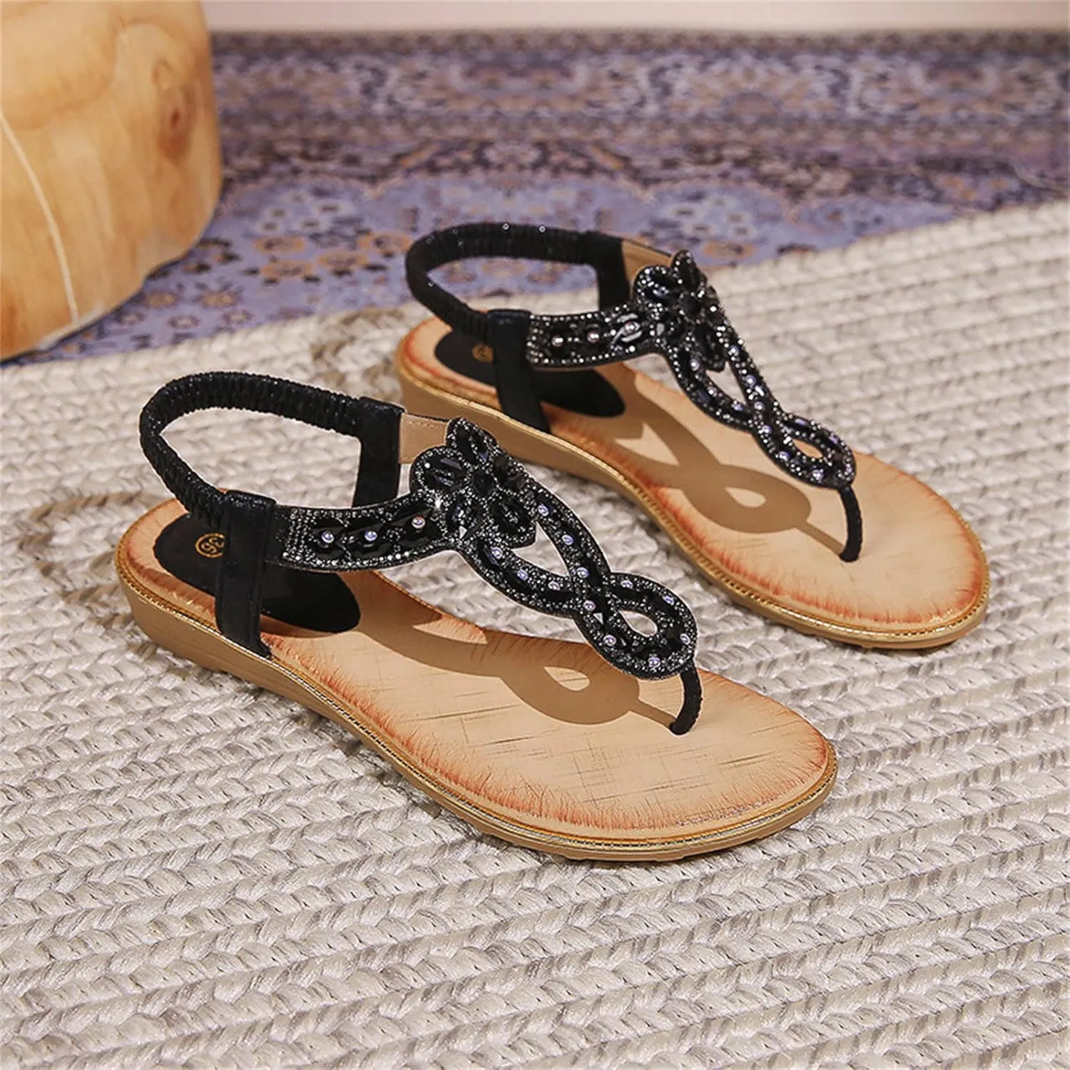 Sandals Women Comfortable Beaded Flat Casual Ankle Elastic Slip On Beach Sandals Wedge Sandals For Women