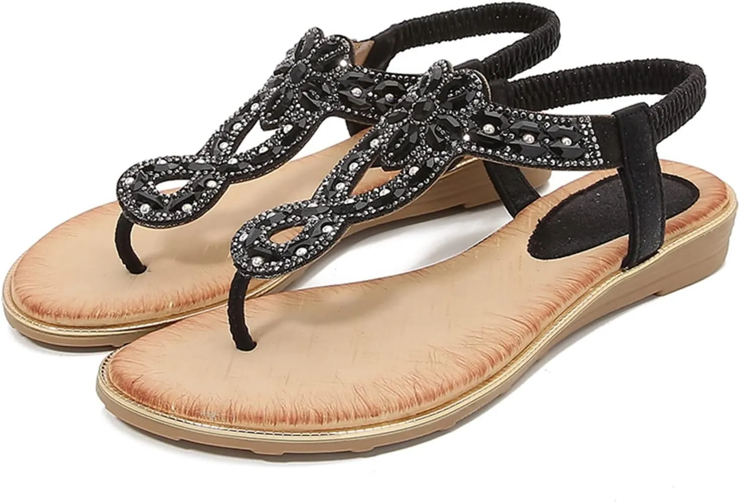 Sandals Women Comfortable Beaded Flat Casual Ankle Elastic Slip On Beach Sandals Wedge Sandals For Women