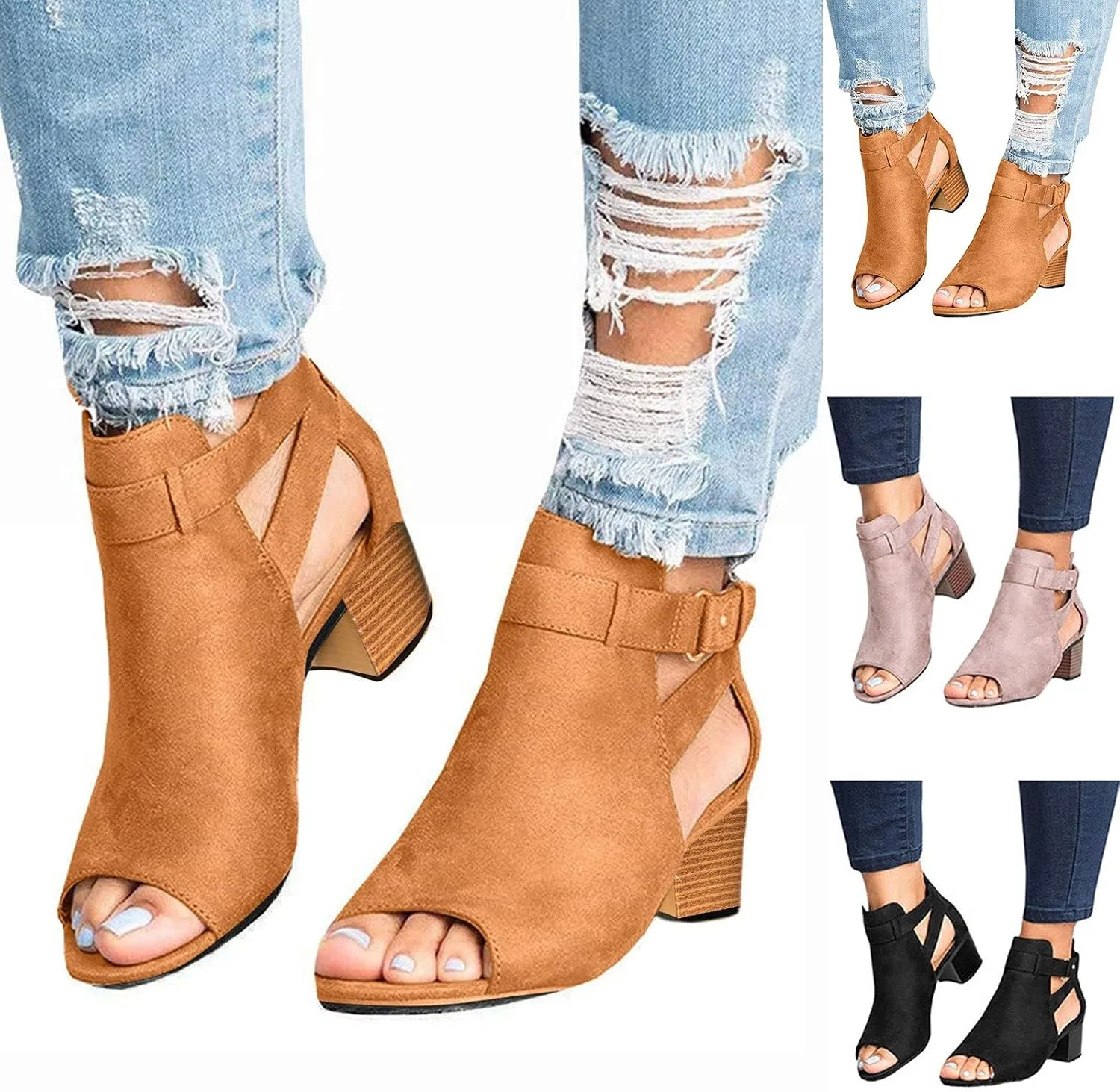Sandals Women Dressy Summer, Sandals for Women Suede Peep Toe Ankle Booties Cut Out Stacked Heel Ankle Boots
