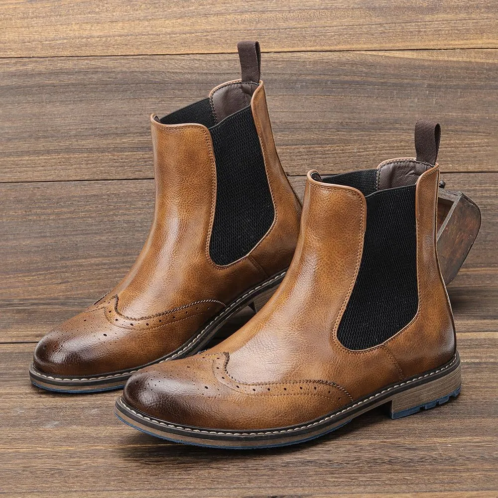 Santimon Chelsea Boots Men Casual Dress Leather Wingtips Slip On Boots Wedding Fashion Tuxedo Formal Ankle Boots for Men