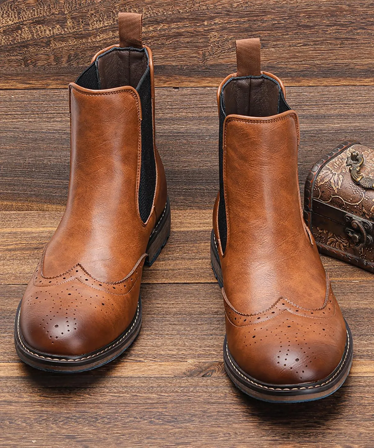 Santimon Chelsea Boots Men Casual Dress Leather Wingtips Slip On Boots Wedding Fashion Tuxedo Formal Ankle Boots for Men