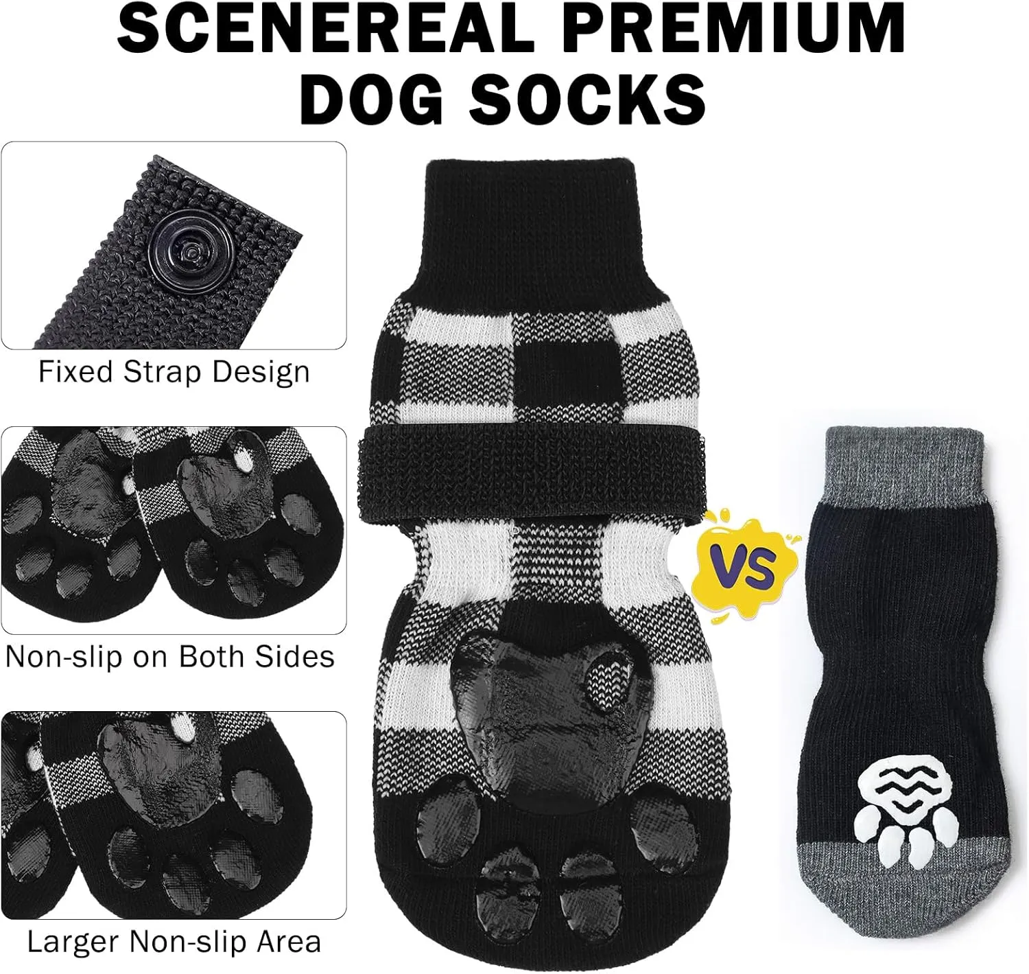 SCENEREAL Double Side Anti-Slip Dog Socks for Hardwood Floors to Stop Licking Paws, Non-Slip Dog Shoes for Hot/Cold Pavement, Slipping, Paw Protectors with Grippers