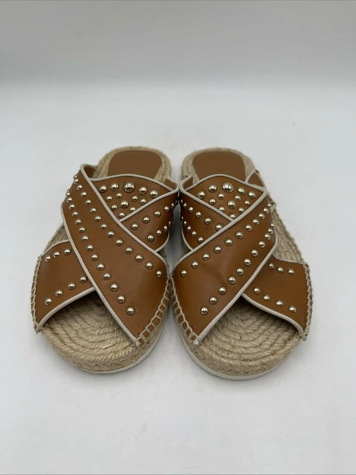 See By Chloè “PIA” Brown Leather Studded Slide Espadrille Sandals, Women’s 37 - Very Good