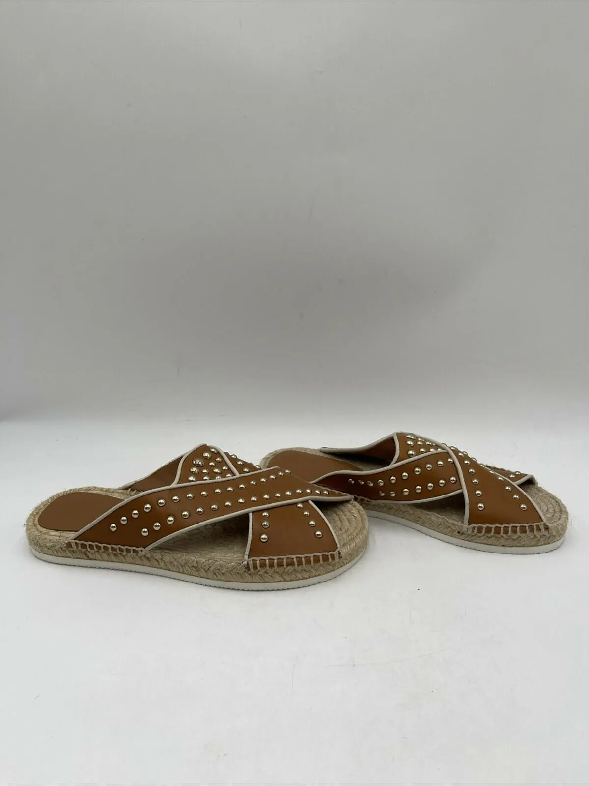 See By Chloè “PIA” Brown Leather Studded Slide Espadrille Sandals, Women’s 37 - Very Good