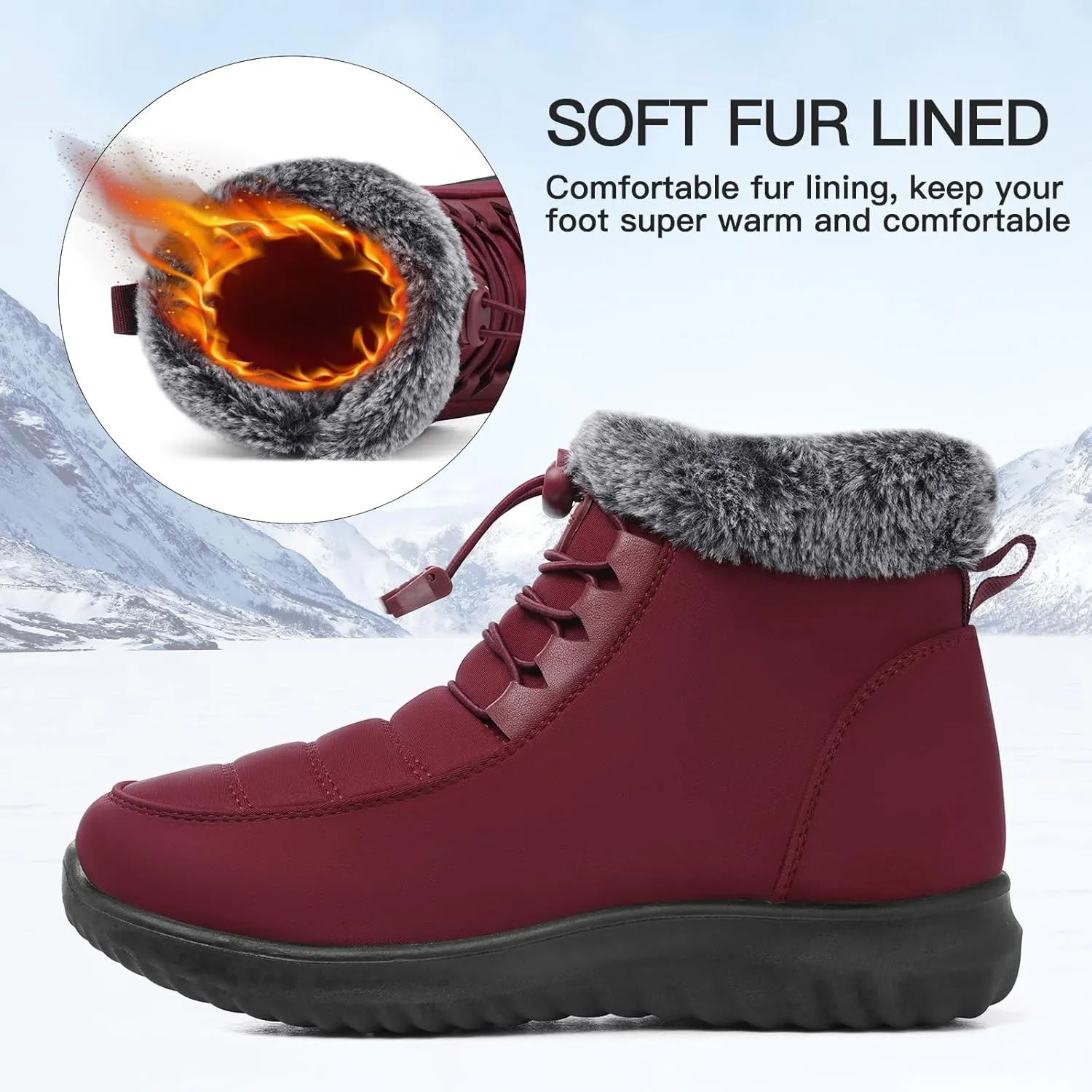 SHIBEVER Fur Lined Boots for Women: Winter Snow Ankle Booties Warm Adjustable Waterproof Slip On Shoes Outdoor
