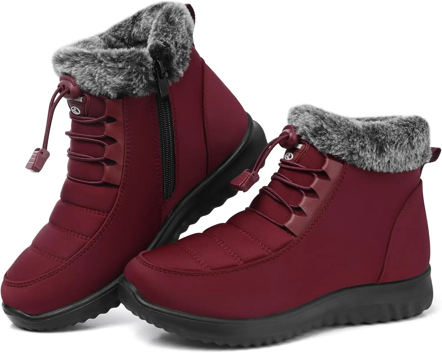 SHIBEVER Fur Lined Boots for Women: Winter Snow Ankle Booties Warm Adjustable Waterproof Slip On Shoes Outdoor