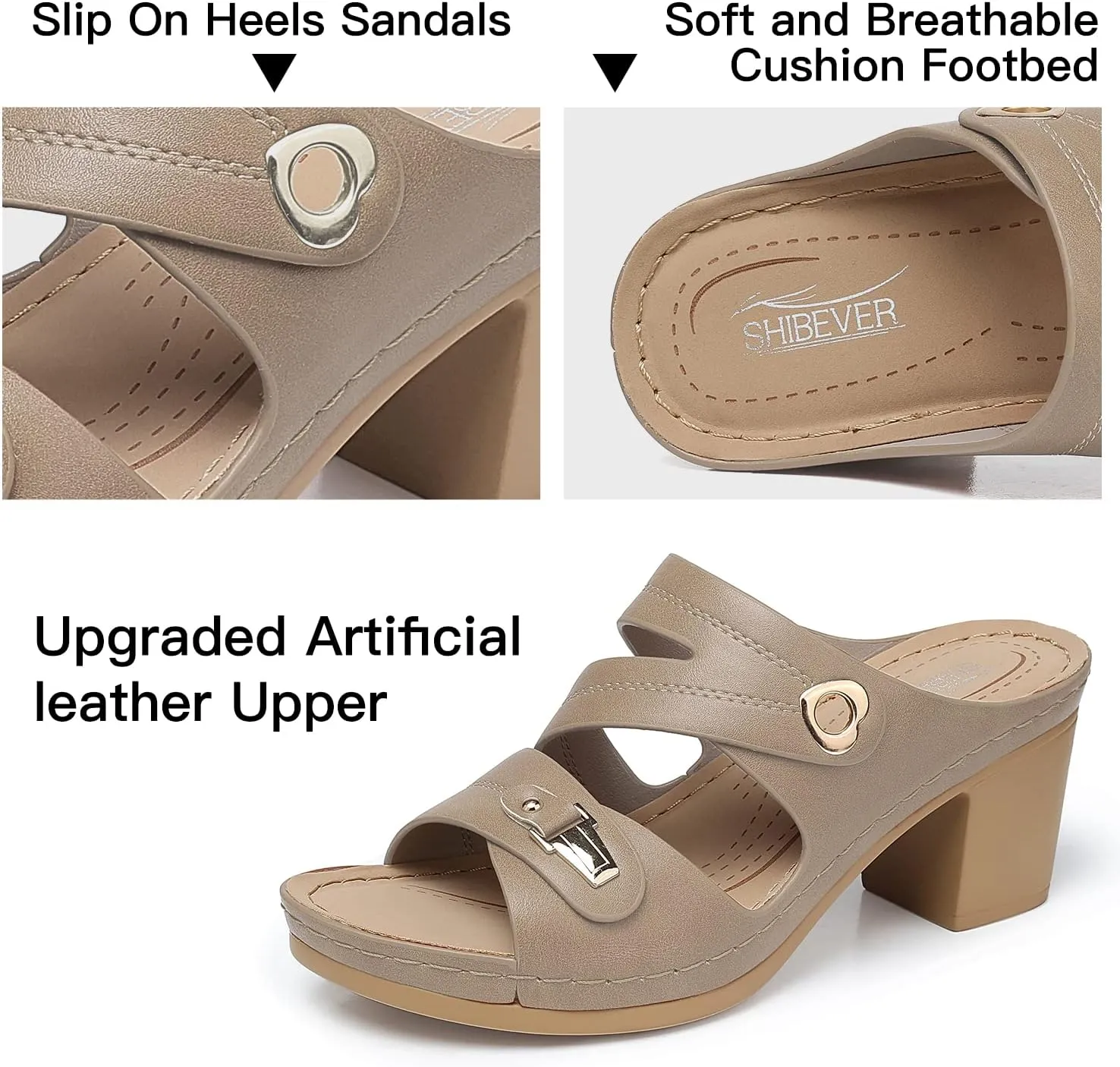 SHIBEVER Women's Summer Sandals, Low Wedge Block Heels, Comfortable PU Leather, Slip-On, Open Toe, Dressy & Casual