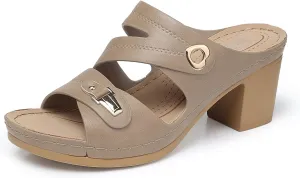 SHIBEVER Women's Summer Sandals, Low Wedge Block Heels, Comfortable PU Leather, Slip-On, Open Toe, Dressy & Casual