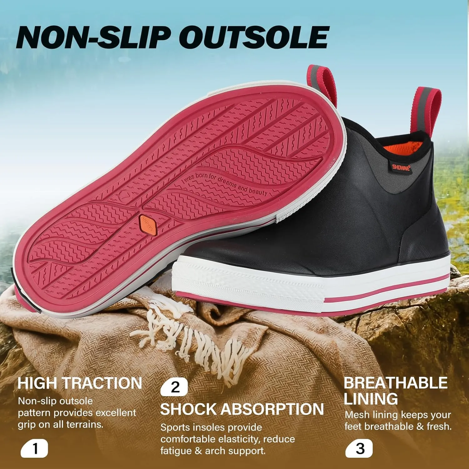 Showave Women's 6 Inch Ankle Deck Boots Waterproof Rain Footwear Rubber Mud Boots for Fishing Gardening Farming