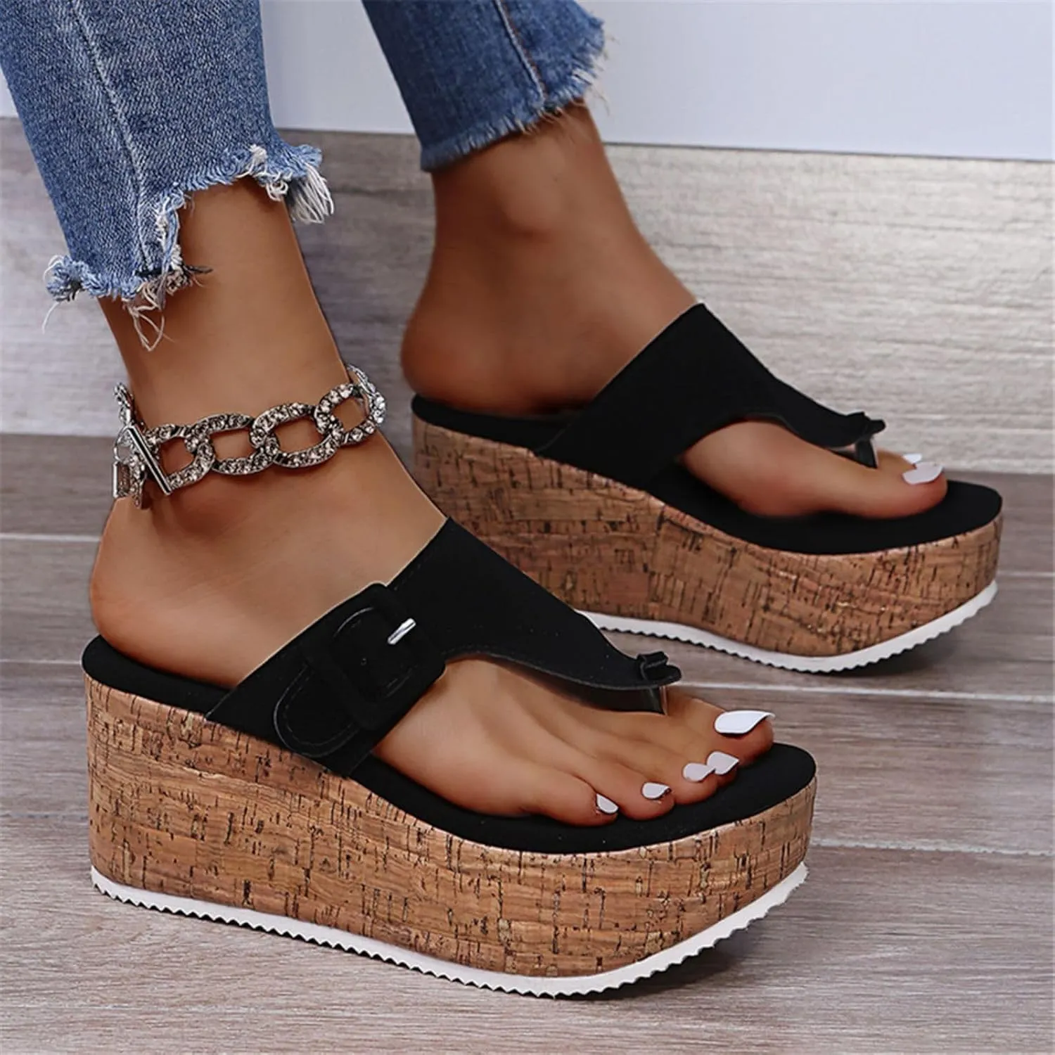 Smoneyful Women's Cork Platform Wedge Sandals Heel Flip Flops Slip on Backless Thong Slides High Heeled Summer Beach Casual Walking Slippers Sandals