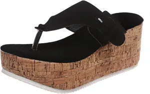 Smoneyful Women's Cork Platform Wedge Sandals Heel Flip Flops Slip on Backless Thong Slides High Heeled Summer Beach Casual Walking Slippers Sandals