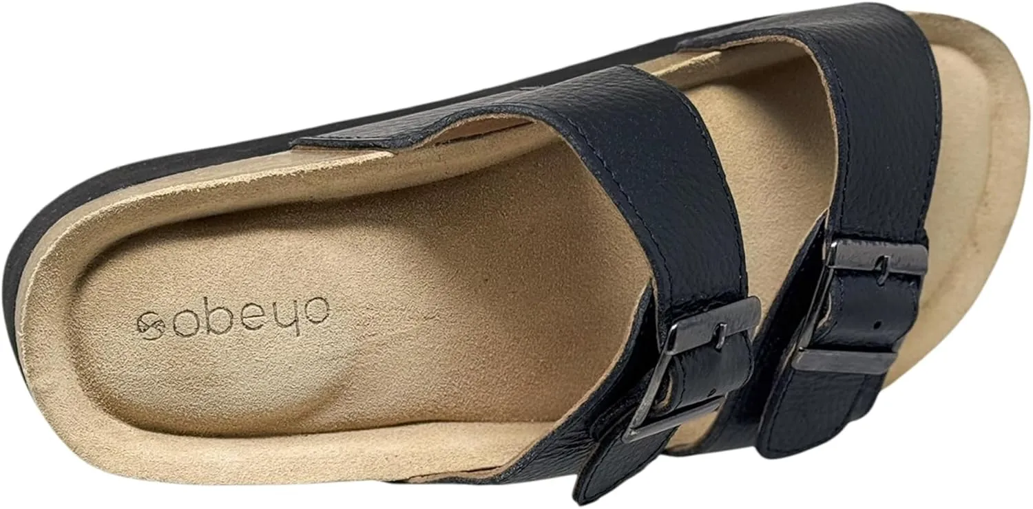 SOBEYO Women's Cork Footbed Sandals Platform Cow Suede Double Straps Bucklers Slip-on Flatform Comfort Flip Flops