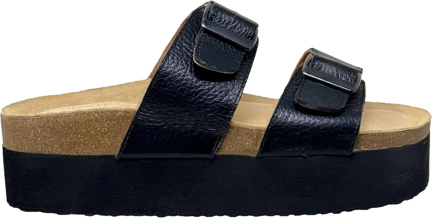 SOBEYO Women's Cork Footbed Sandals Platform Cow Suede Double Straps Bucklers Slip-on Flatform Comfort Flip Flops