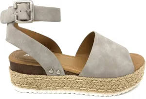 Soda Casual Espadrilles Trim Rubber Sole Flatform Studded Wedge Buckle Ankle Strap Open Toe Sandal (7.5 M US, Grey T)