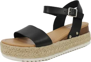 Soda Clip Black Vegan Leather Casual Espadrilles Trim Platform Heeled Sandals