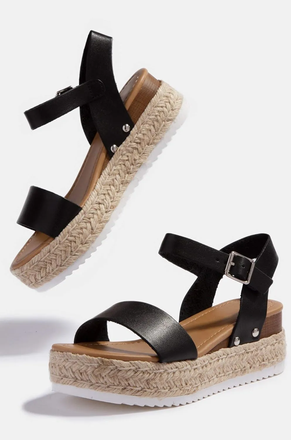 Soda Clip Black Vegan Leather Casual Espadrilles Trim Platform Heeled Sandals