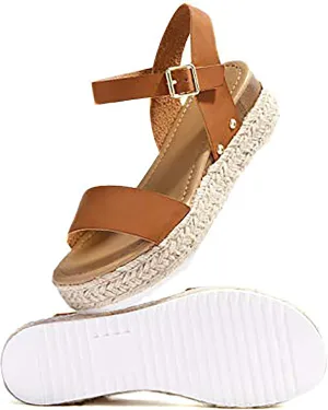 Soda Topic Casual Espadrilles Trim Rubber Sole Flatform Studded Wedge Buckle Ankle Strap Open Toe Sandal (5.5, Clip Cognac)