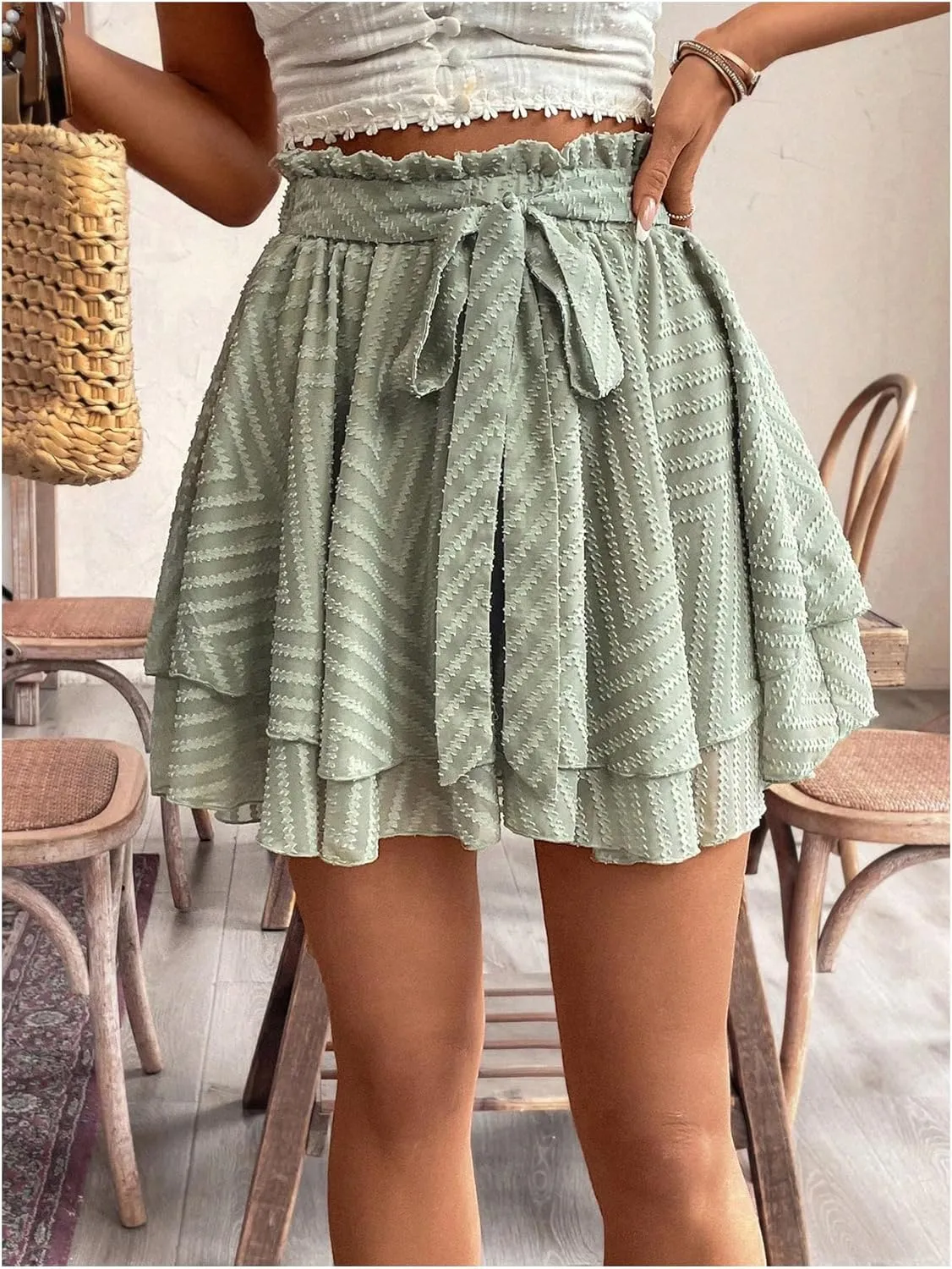 SOLY HUX Women's Paperbag Waist Ruffle Shorts Wide Leg Layered Boho Vacation Flowy Shorts with Belt
