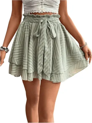 SOLY HUX Women's Paperbag Waist Ruffle Shorts Wide Leg Layered Boho Vacation Flowy Shorts with Belt