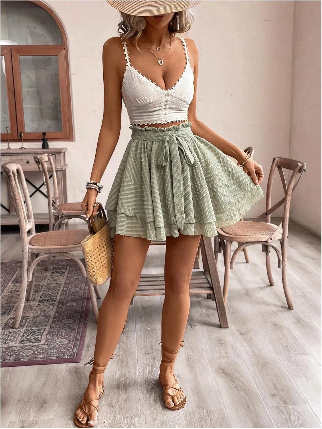 SOLY HUX Women's Paperbag Waist Ruffle Shorts Wide Leg Layered Boho Vacation Flowy Shorts with Belt