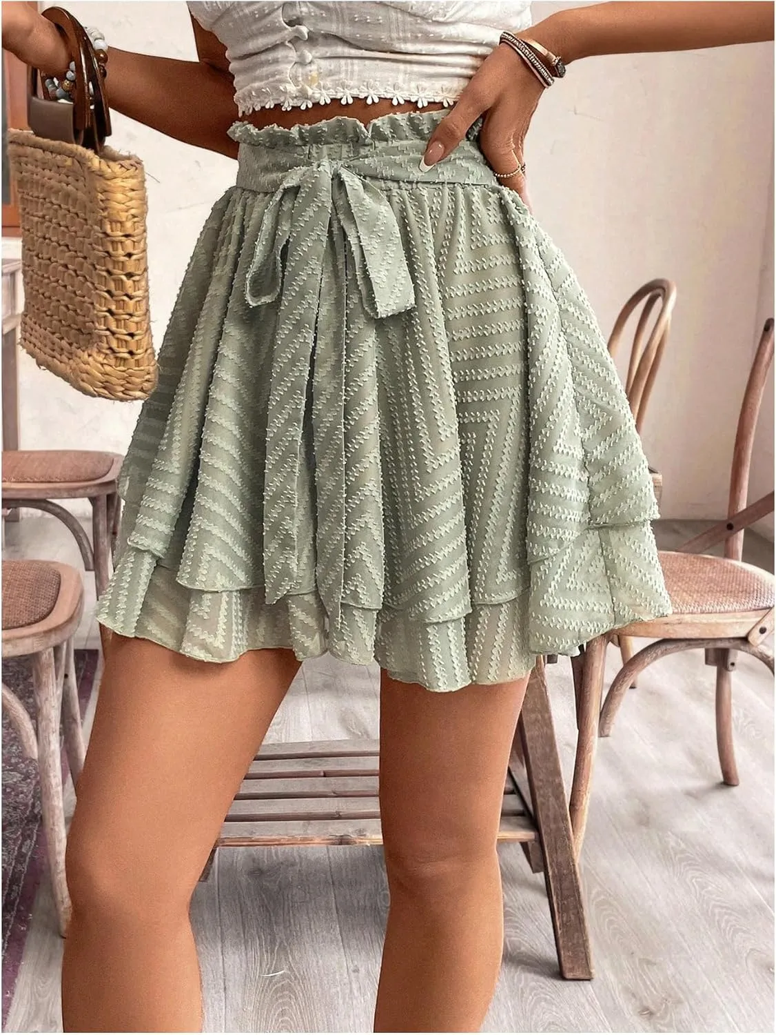 SOLY HUX Women's Paperbag Waist Ruffle Shorts Wide Leg Layered Boho Vacation Flowy Shorts with Belt