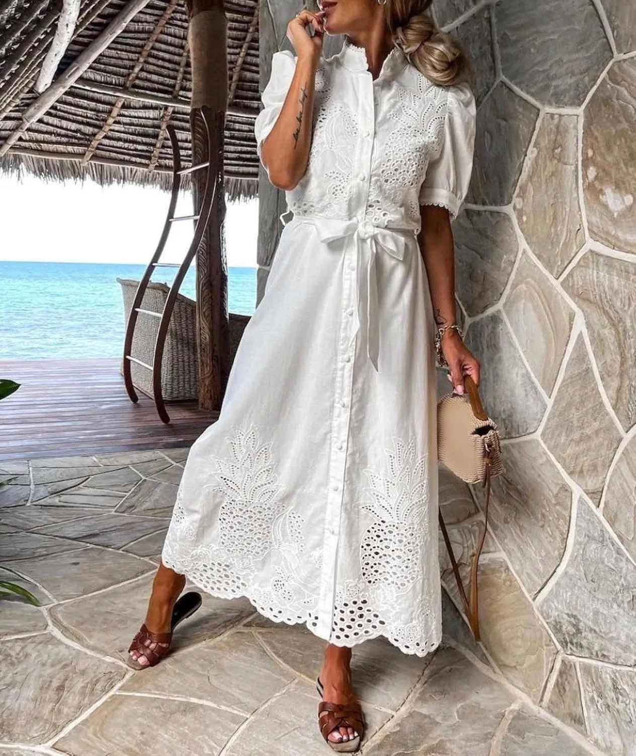 SOMTHRON Women's Embroidered Eyelet Shirt Dress Belted Puff Shirt Sleeve Button Down Boho Lace Swing Maxi Long Dress