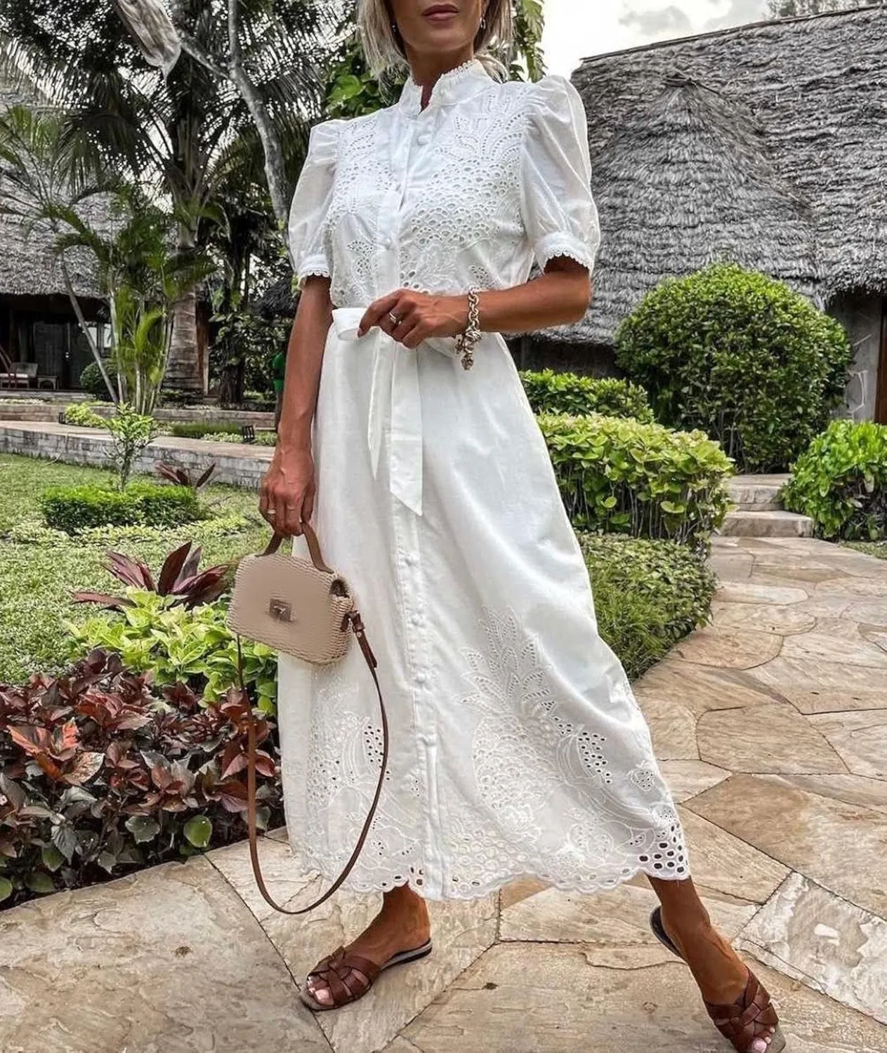 SOMTHRON Women's Embroidered Eyelet Shirt Dress Belted Puff Shirt Sleeve Button Down Boho Lace Swing Maxi Long Dress