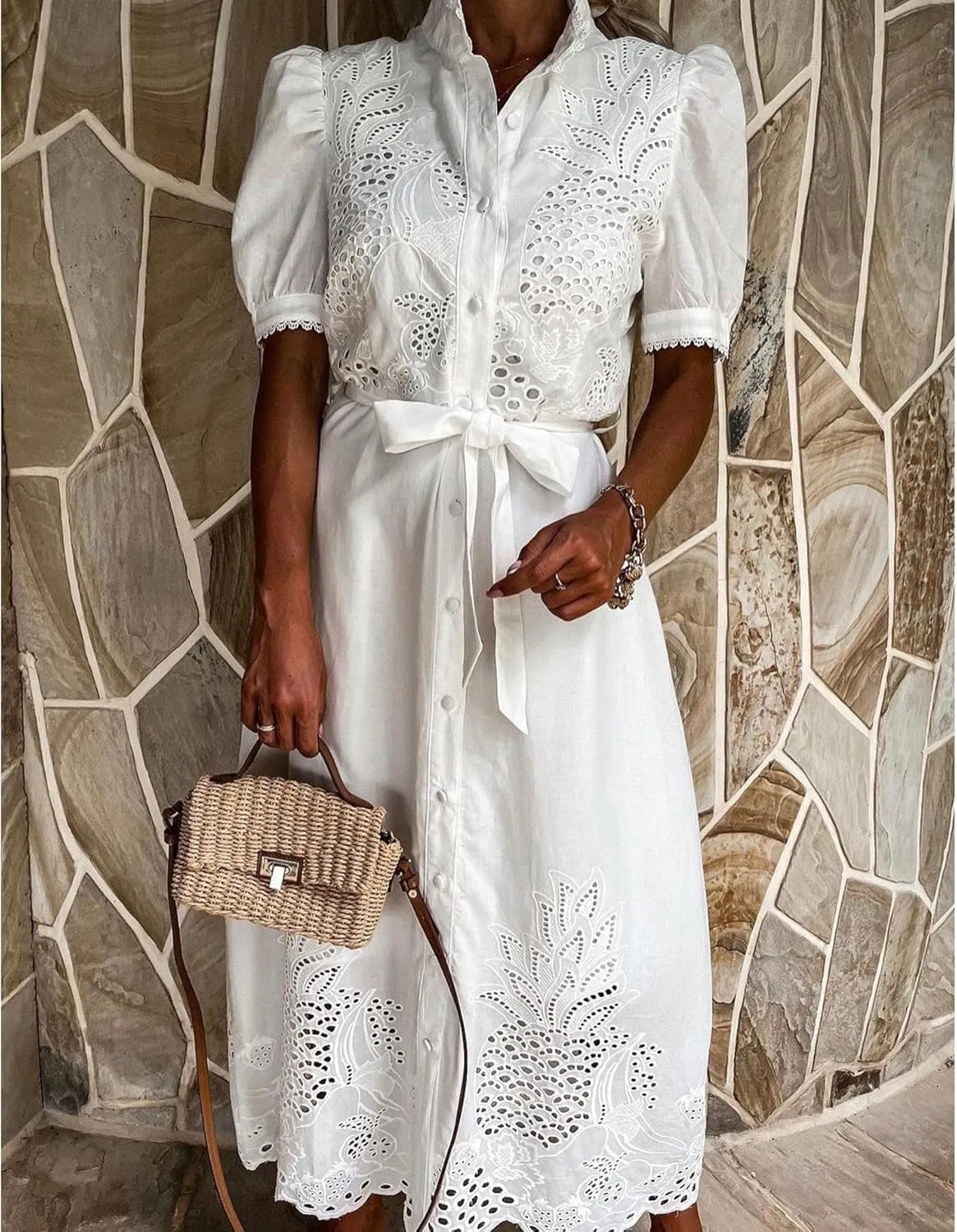 SOMTHRON Women's Embroidered Eyelet Shirt Dress Belted Puff Shirt Sleeve Button Down Boho Lace Swing Maxi Long Dress