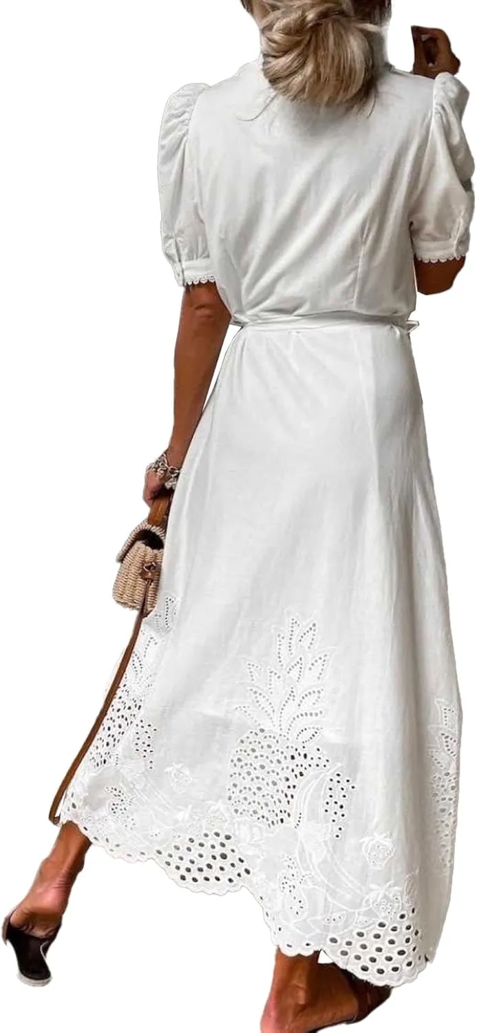 SOMTHRON Women's Embroidered Eyelet Shirt Dress Belted Puff Shirt Sleeve Button Down Boho Lace Swing Maxi Long Dress