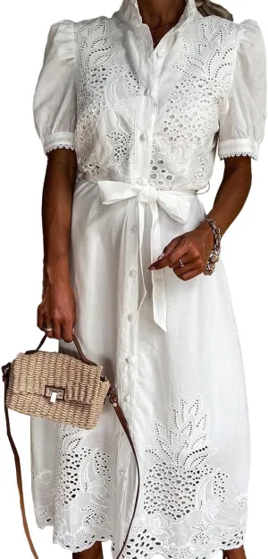 SOMTHRON Women's Embroidered Eyelet Shirt Dress Belted Puff Shirt Sleeve Button Down Boho Lace Swing Maxi Long Dress