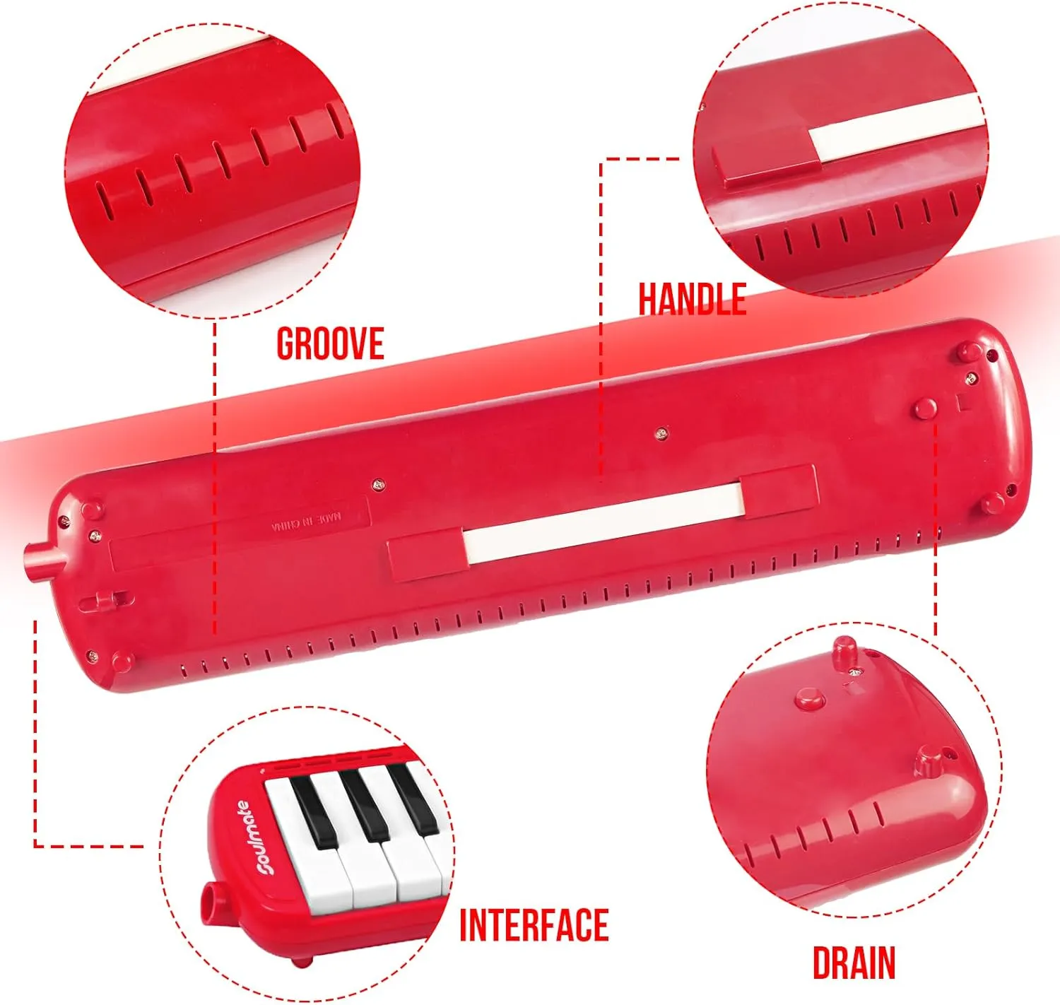 Soulmate 32 Keys Melodica Instrument for Kids, Air Piano Keyboard Soprano Melodica with Soft Long Tubes, Short Mouthpieces and Carrying Bag for Beginners Adults Gift, Red