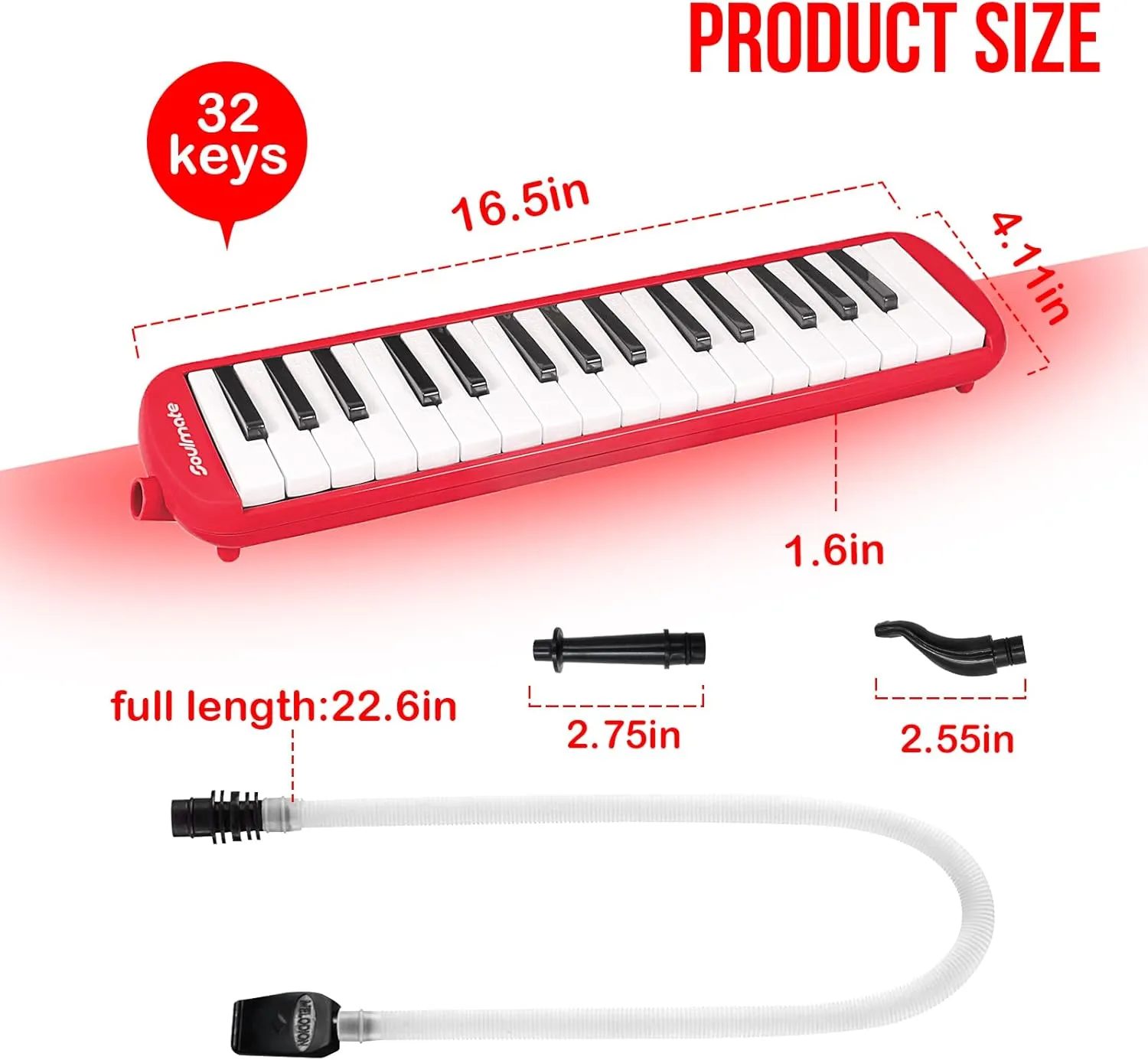 Soulmate 32 Keys Melodica Instrument for Kids, Air Piano Keyboard Soprano Melodica with Soft Long Tubes, Short Mouthpieces and Carrying Bag for Beginners Adults Gift, Red