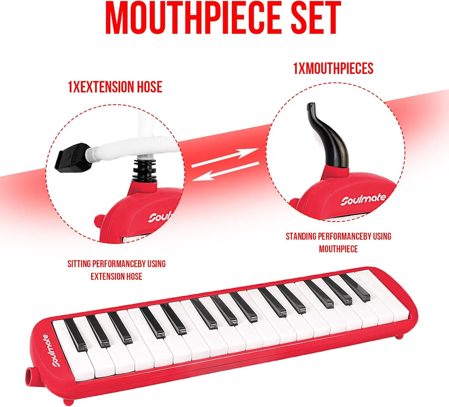 Soulmate 32 Keys Melodica Instrument for Kids, Air Piano Keyboard Soprano Melodica with Soft Long Tubes, Short Mouthpieces and Carrying Bag for Beginners Adults Gift, Red