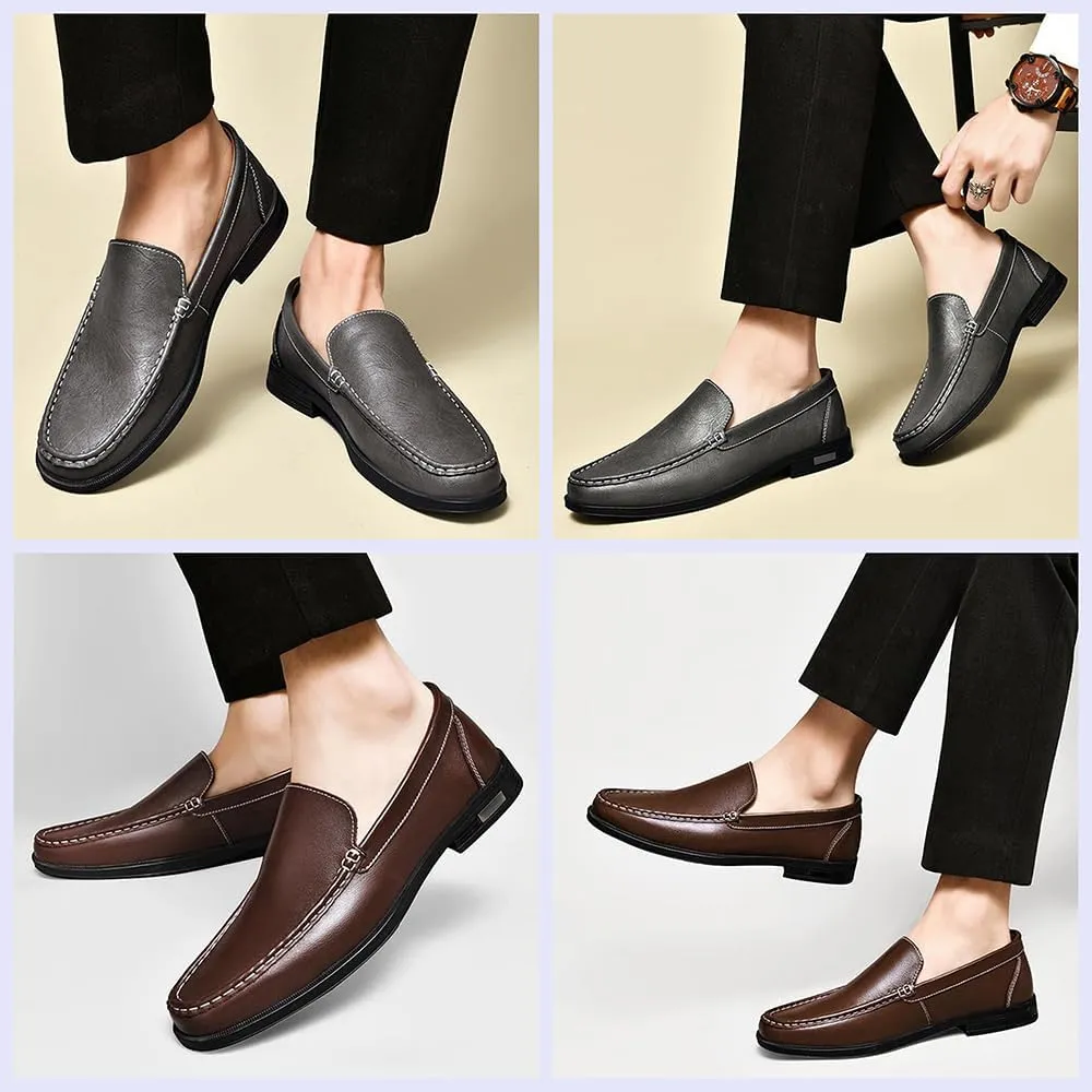 Stylish Men's Leather Slip-On Loafers - Elegant Round Toe Casual Dress Shoes for Office, Driving, and Special Occasions. Luxurious Comfort with Breathable Soft Soles