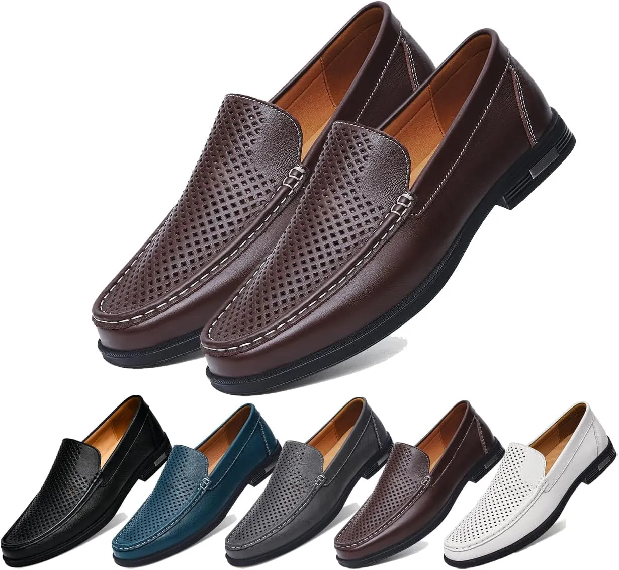 Stylish Men's Leather Slip-On Loafers - Elegant Round Toe Casual Dress Shoes for Office, Driving, and Special Occasions. Luxurious Comfort with Breathable Soft Soles