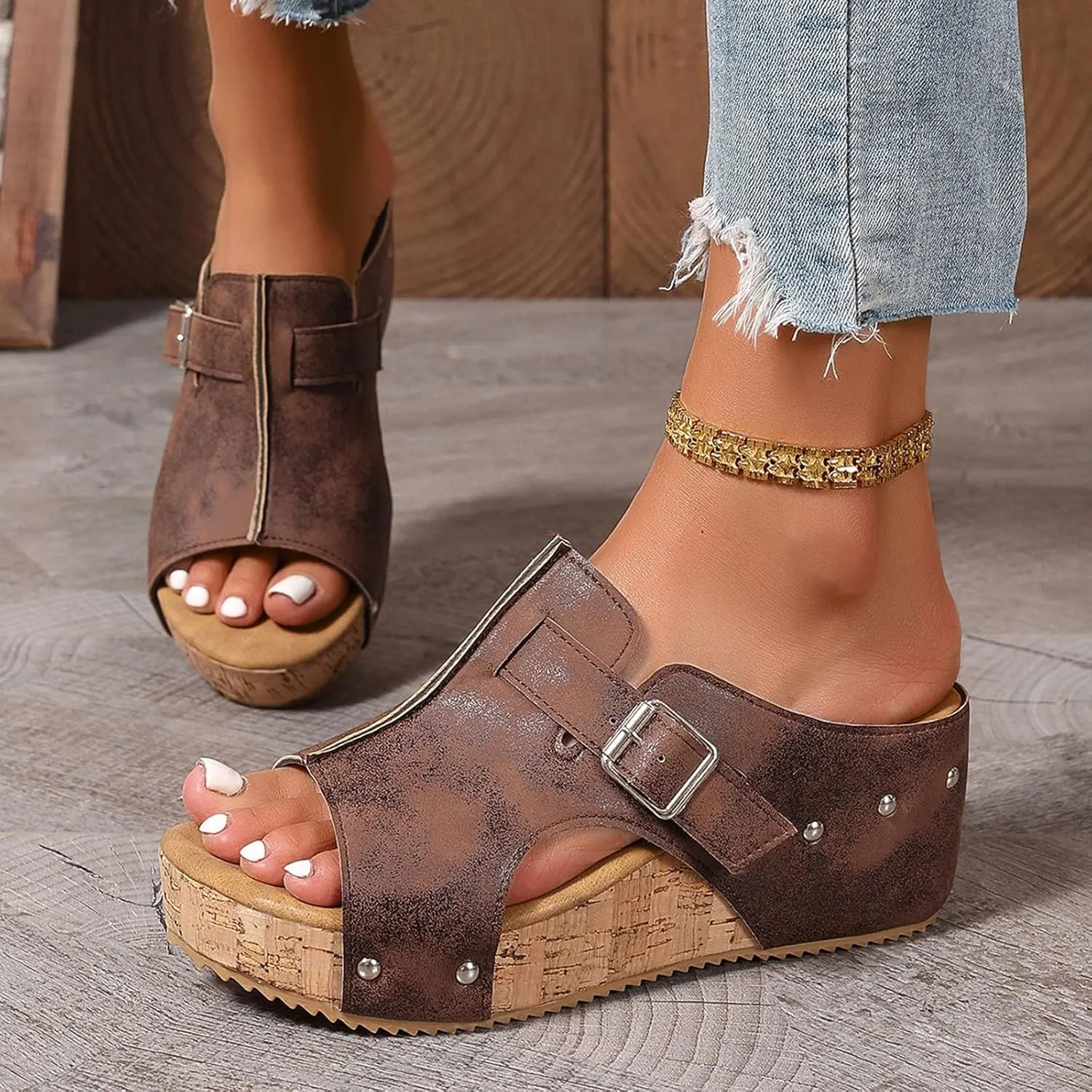 SuanlaTDS Women's Wedge Sandals Dressy Platform Open Toe Summer Slip-on Slides Slippers 2025 Casual Comfortable Retro Sexy High Heels Wedges Slide Sandal Mules for Work Party Wedding