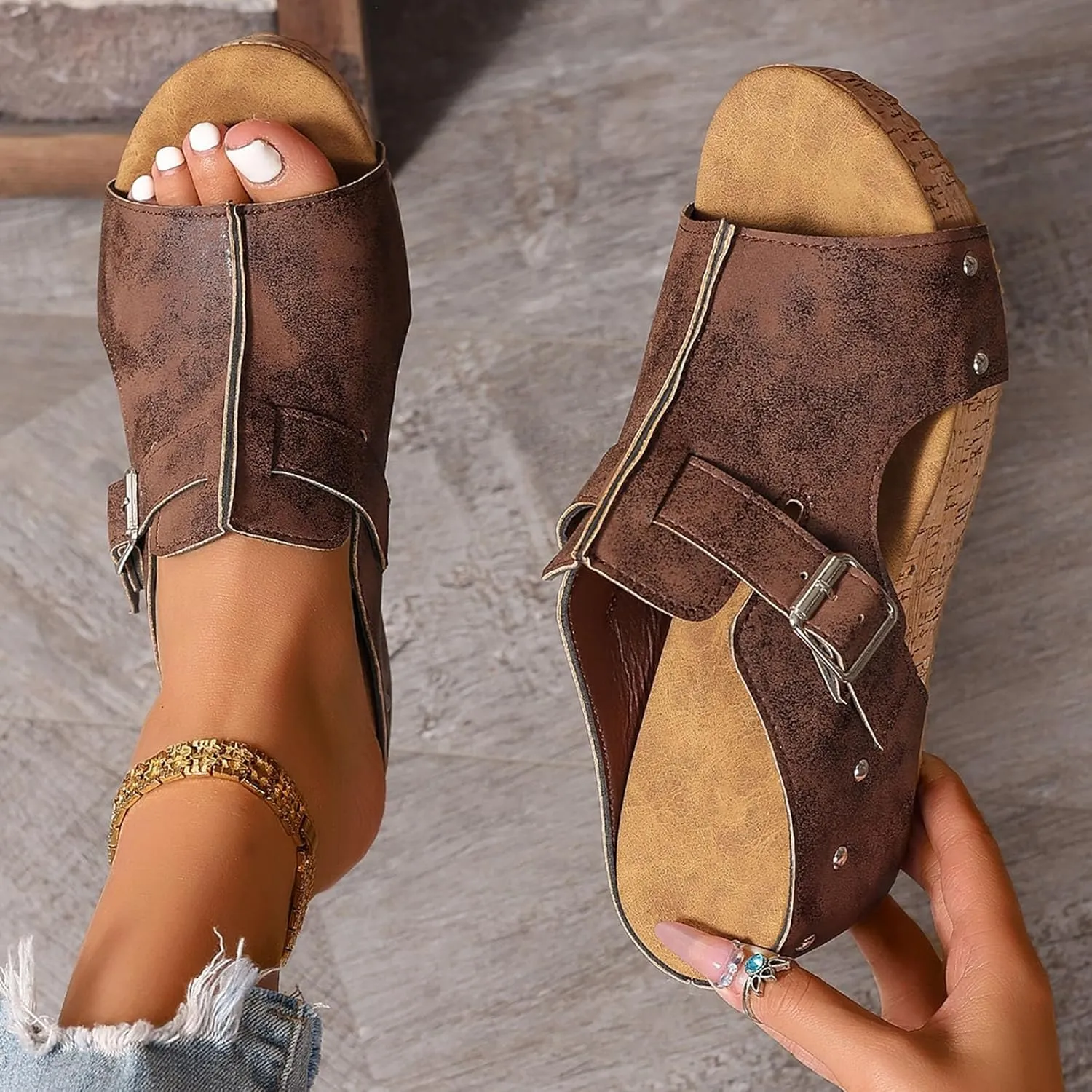 SuanlaTDS Women's Wedge Sandals Dressy Platform Open Toe Summer Slip-on Slides Slippers 2025 Casual Comfortable Retro Sexy High Heels Wedges Slide Sandal Mules for Work Party Wedding
